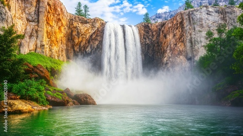 A stunning waterfall cascading into a serene pool, surrounded by lush greenery and rocky cliffs.