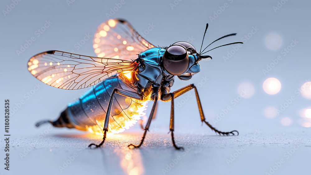 Fototapeta premium Futuristic metallic insect with glowing wings on white surface.