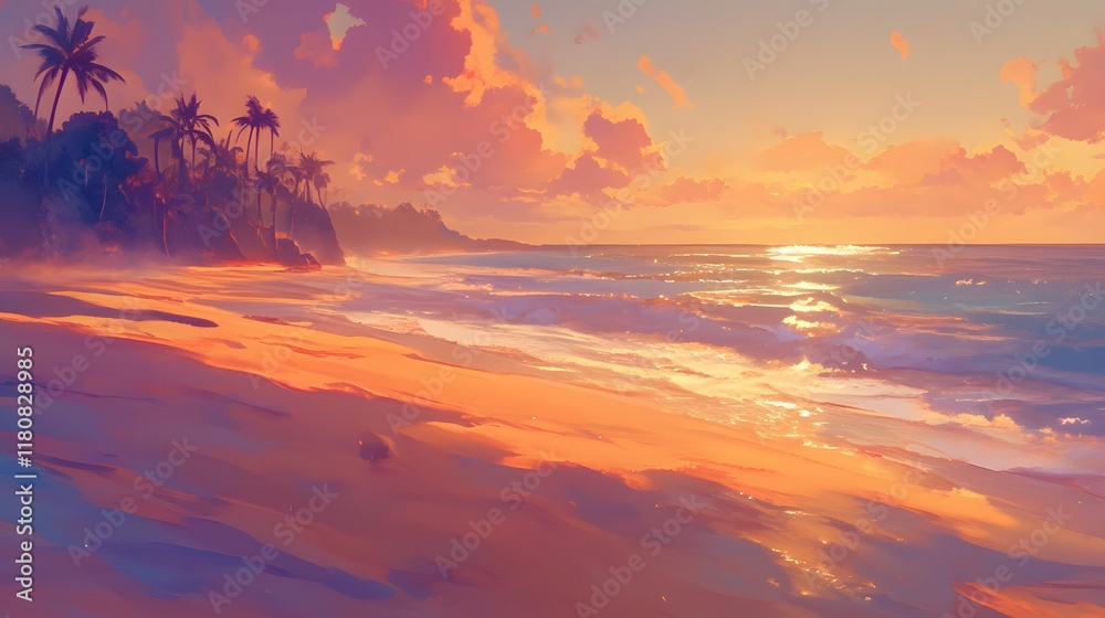 A dreamy sunset at a tropical beach, with the sky painted in warm golden and pink hues. The ocean waves gently lap against the shore, creating a serene and peaceful atmosphere. A dreamy sunset at a tropical beach, with the sky painted in warm golden and pink hues. The ocean waves gently lap against the shore, creating a serene and peaceful atmosphere.