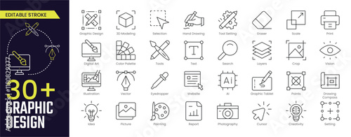 Graphic Design Stroke icon collections. Containing Graphic Design, 3D Modeling, Selection, Hand Drawing, Tool, Setting, Eraser, and more icons. Editable Stroke icon collection Outline icon