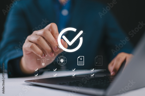 Quality control certification, check guarantee of standard of company product. Concept on virtual screen. Standardization, certification concept. Compliance to regulations and standards.