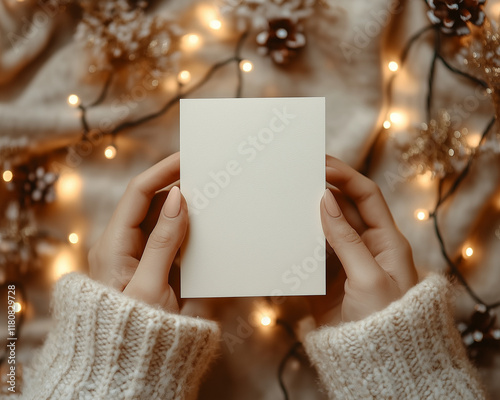 mockup photography of vertical invitation in woman hands, the invitation is a perfect vertical, A LOT , with children's party inspired decorations, soft lighting garland background