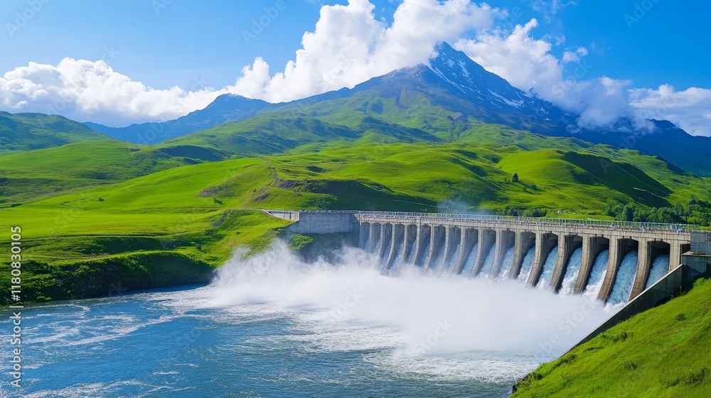 A scenic view of a dam with mountains and greenery under a blue sky. A scenic view of a dam with mountains and greenery under a blue sky.