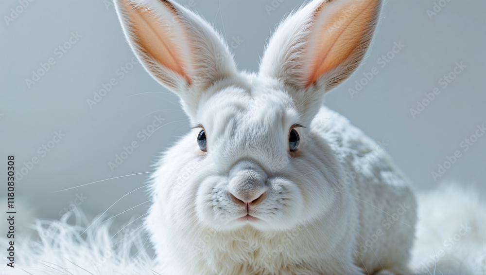 Fototapeta premium Close-up portrait of an adorable white rabbit sitting on a fluffy white surface, looking directly at the camera.
