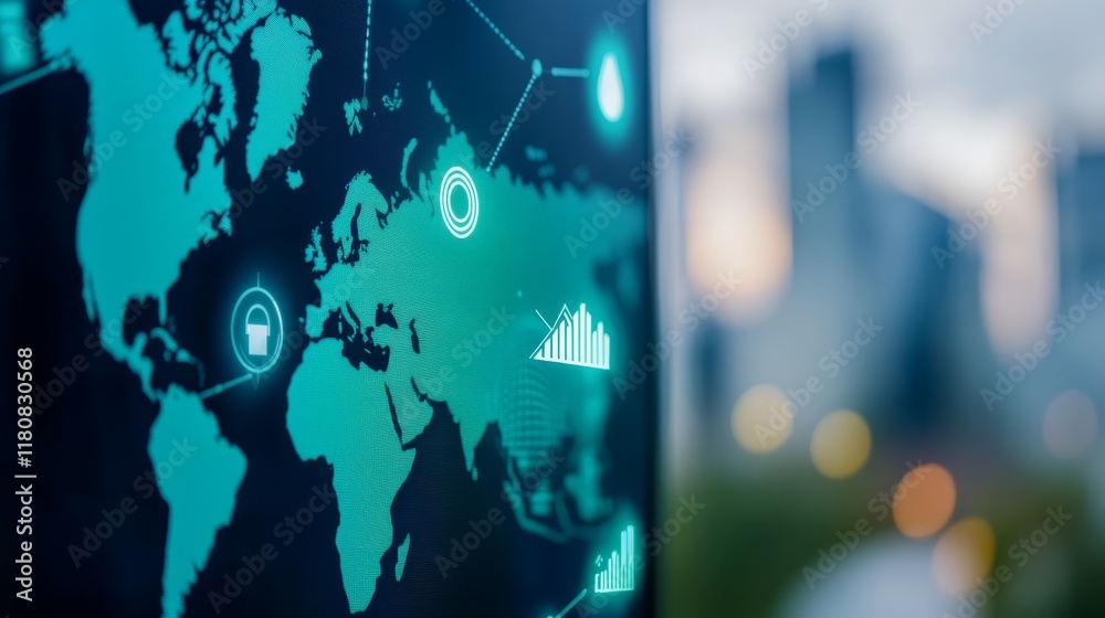A digital map displaying global connections and data analytics. A digital map displaying global connections and data analytics.
