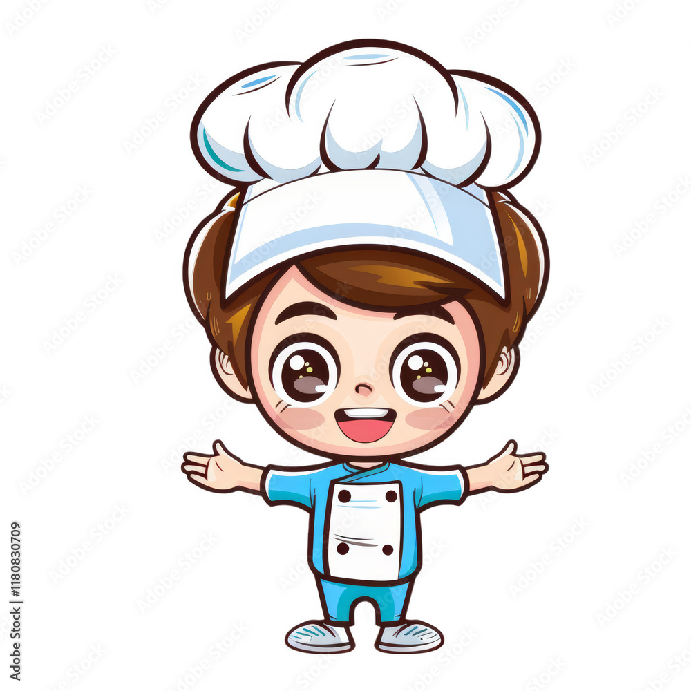 A happy cartoon chef wearing a blue uniform and white chef hat with arms open wide. A happy cartoon chef wearing a blue uniform and white chef hat with arms open wide.