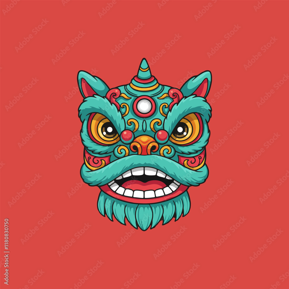 A stylized illustration of a teal Chinese lion dance mask featuring intricate detailing and vibrant colors. A stylized illustration of a teal Chinese lion dance mask featuring intricate detailing and vibrant colors.