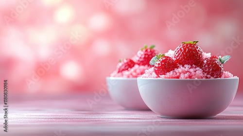 Close-up of a delectable strawberry dessert in a pink bowl, a refreshing summer treat. The vibrant red strawberries and pink background create a visually appealing image. photo