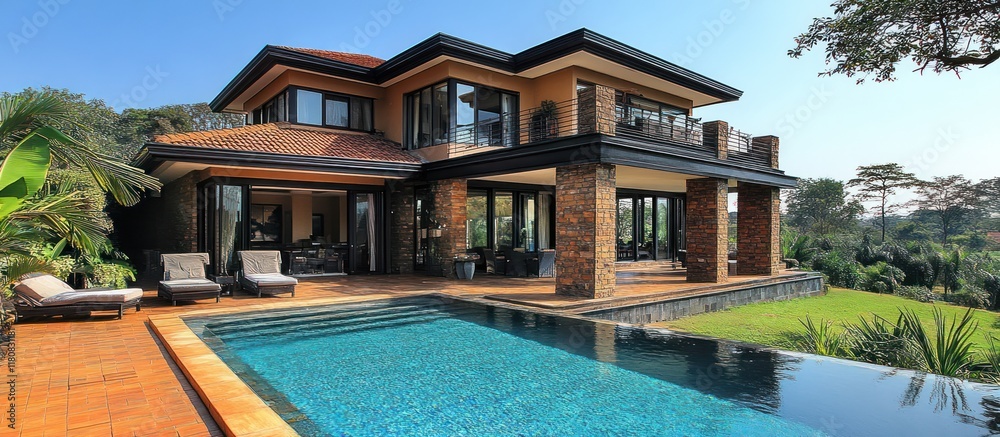 Modern luxury home with a swimming pool and lush green landscape. Modern luxury home with a swimming pool and lush green landscape.