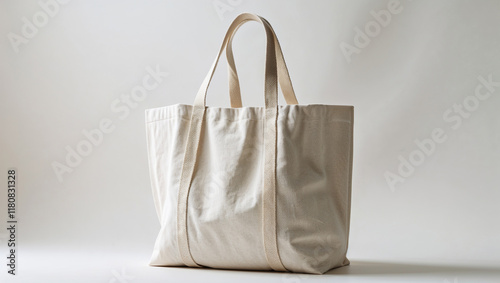 Large beige canvas tote bag isolated on white background.