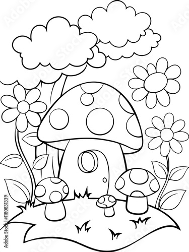Charming Mushroom House Ready-to-print coloring page on standard 8.5x11 inch paper