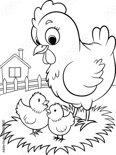 Mother Hen Protecting Her Two Chicks on Farm Ready-to-print coloring page on standard 8.5x11 inch paper