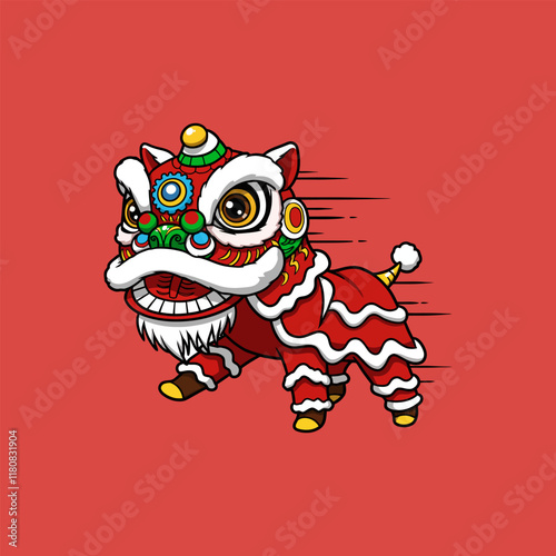 A stylized cartoon illustration depicts a red and gold lion dance costume in motion, suggesting a lively and energetic performance.