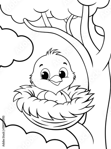 Adorable Baby Bird in Nest Ready-to-print coloring page on standard 8.5x11 inch paper