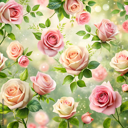 Beautiful Pink Roses in Bloom. Floral Wallpaper