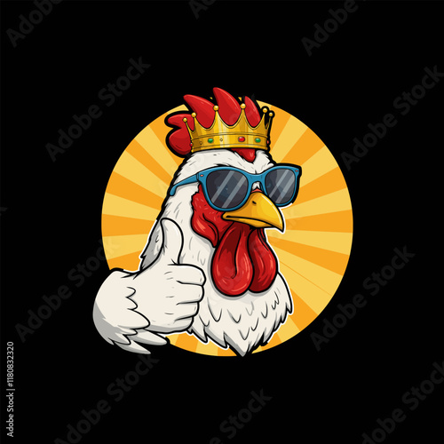 A stylized cartoon rooster wearing a golden crown and sunglasses gives a thumbs up gesture against a sunburst background.