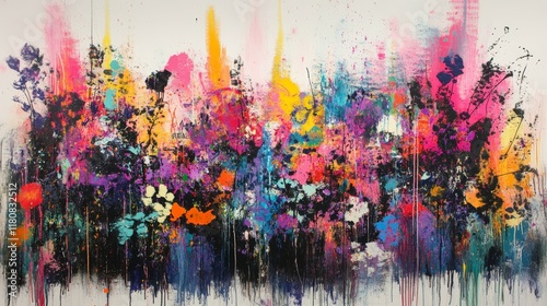 A radiant graffiti-inspired artwork with chaotic splashes of bold colors and glowing highlights