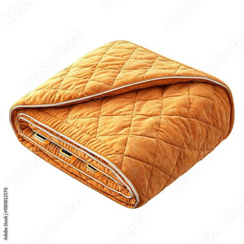 Cozy orange quilted blanket, perfect for adding warmth to any living space, isolated on white background.