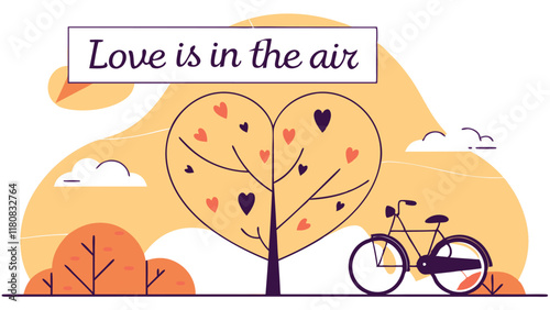 Valentine's Day illustration, heart-shaped tree, red hearts, bicycle with heart balloons, pink pastel background, romantic scene, love concept, whimsical artwork, dreamy atmosphere, digital painting, 