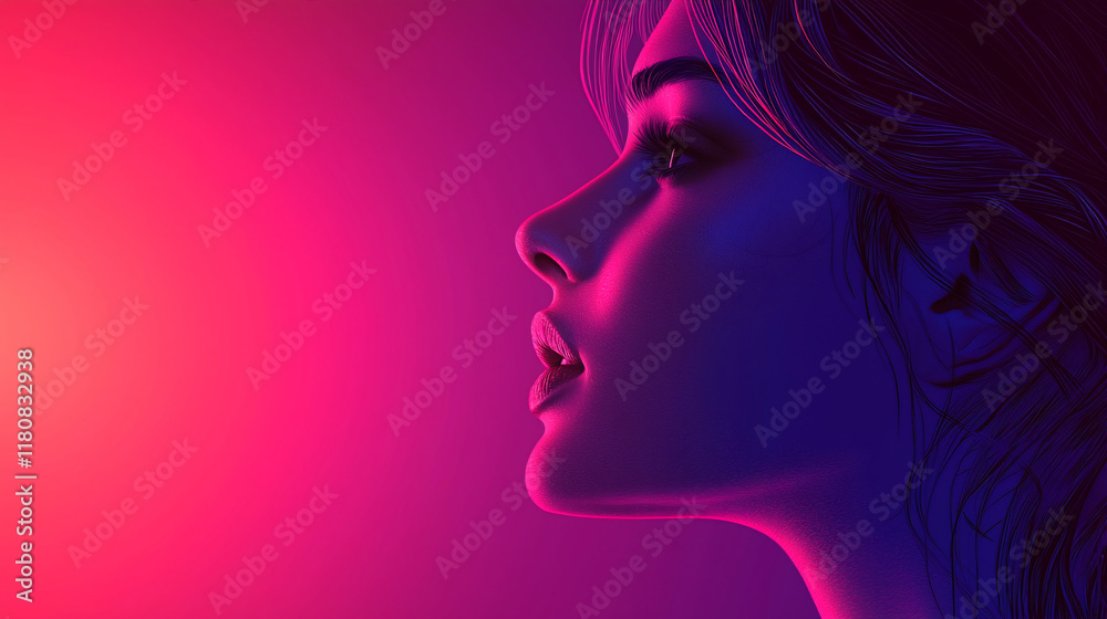 Woman's profile in vibrant pink and blue light. Woman's profile in vibrant pink and blue light.