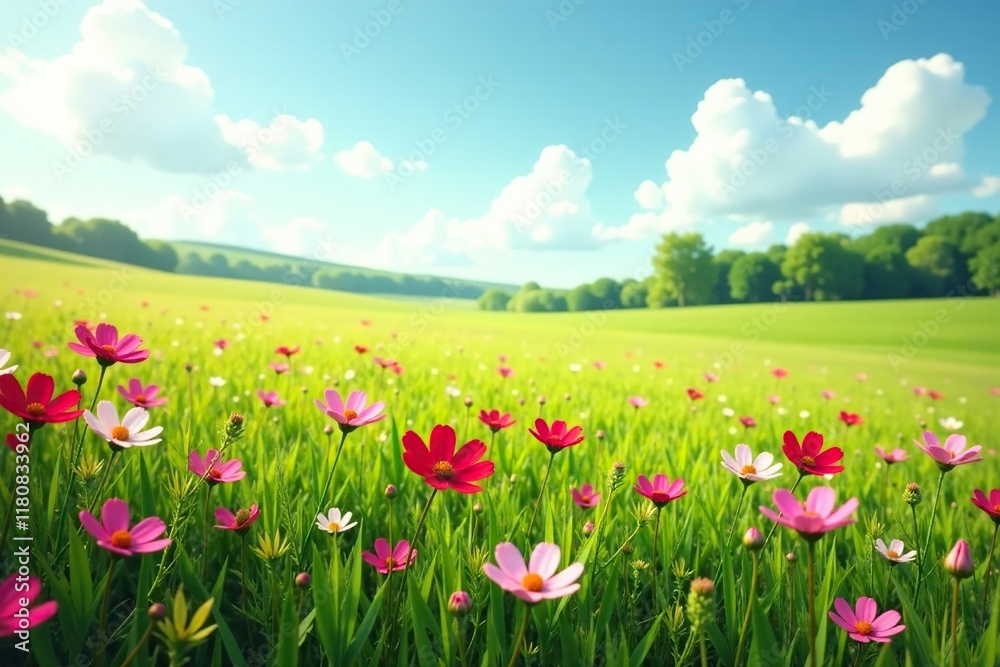 Fototapeta premium Lush grassy field with cosmos flowers and wildflowers in bloom, blooms, flowers, flower field