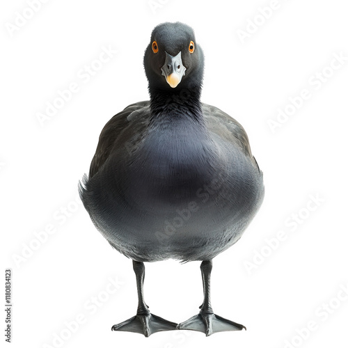 close-up view of a waterbird. likely a moorhen or coot. standing upright against a plain white background the bird has a rounded body. striking orange eyes. and a distinctive beak. showcasing its uniq photo