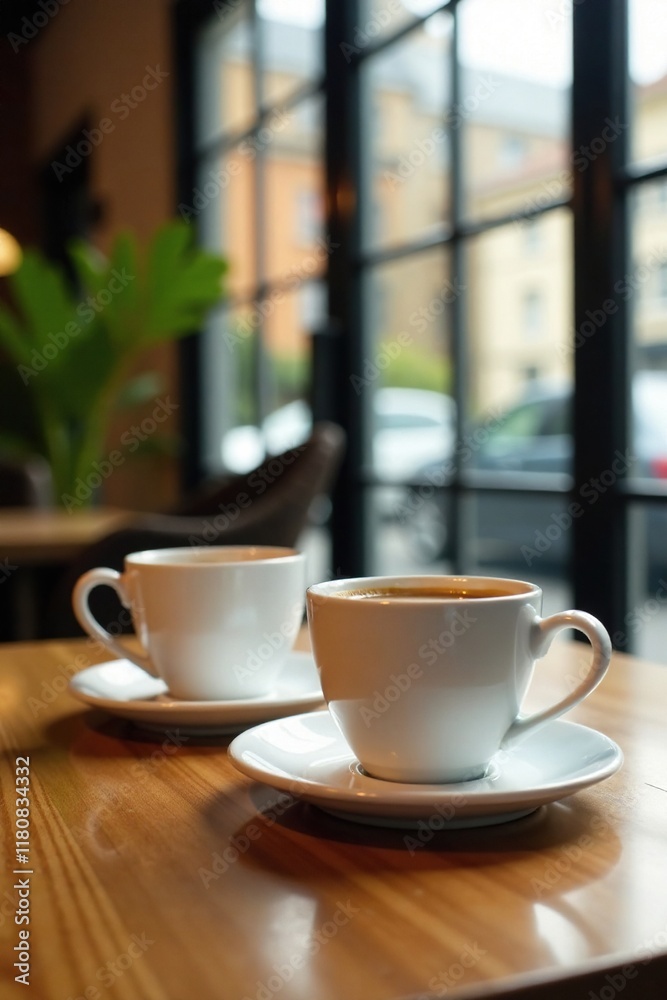 Empty wooden table with coffee cups and saucers in the background, glass, wood, empty Empty wooden table with coffee cups and saucers in the background, glass, wood, empty