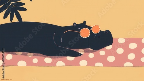 of a plump and playful hippopotamus taking a relaxing nap in a tropical doodle style environment  The hippo is surrounded by colorful patterns and textures photo