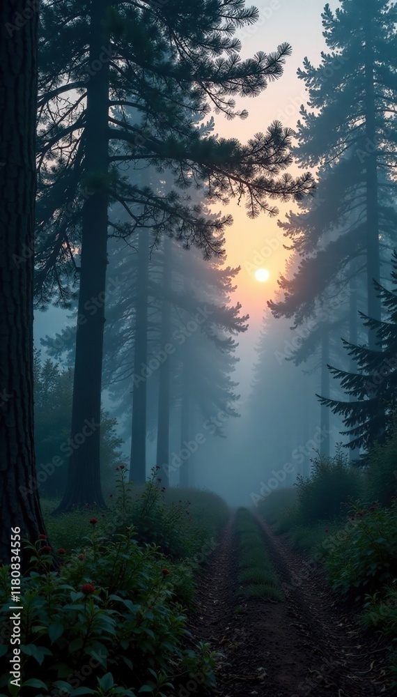 Fototapeta premium Misty forest twilight, fog rolls in, trees sway softly, wood, land