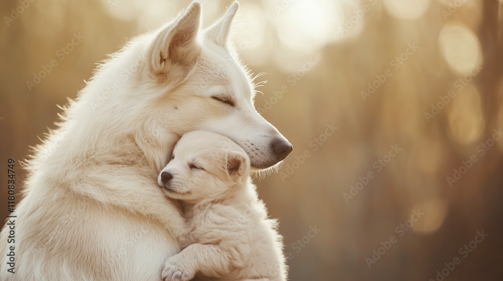 Obraz premium A Mother's Love: A heartwarming image of a white dog cuddling her adorable puppy, bathed in the warm glow of the setting sun.