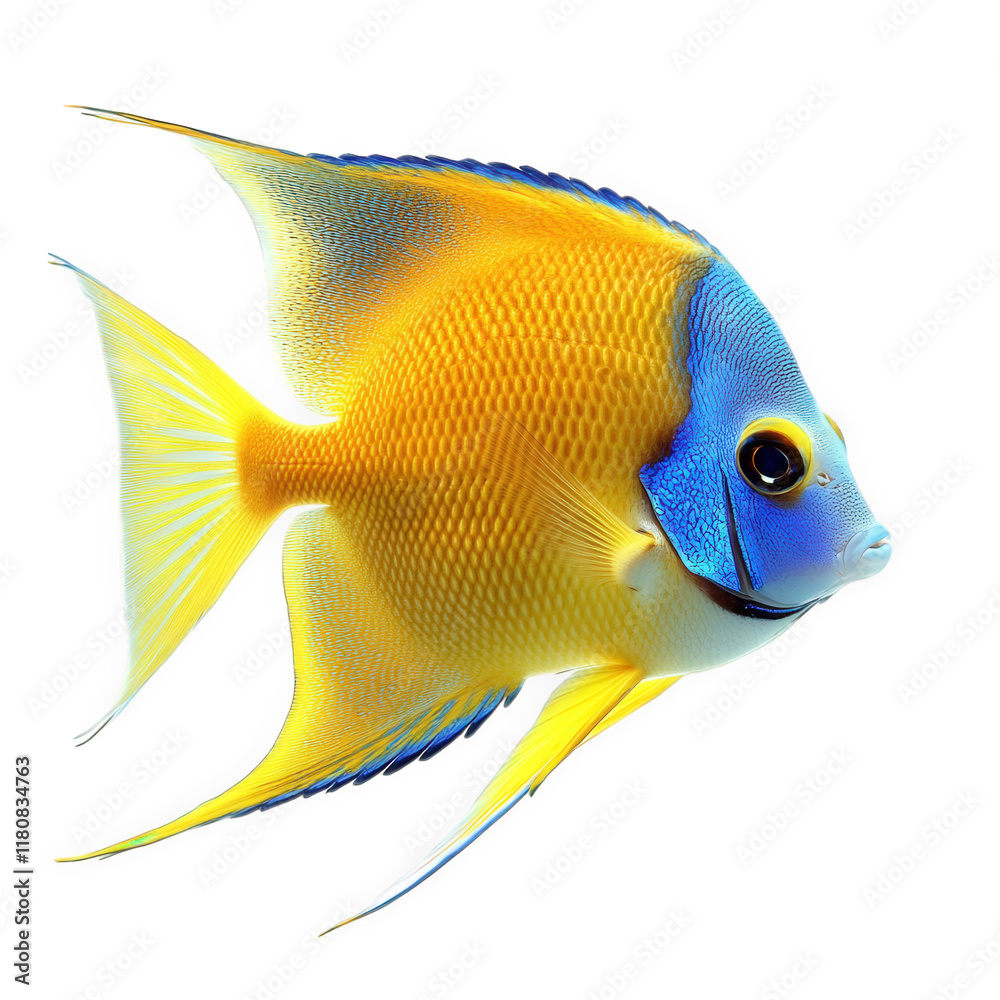 Naklejka premium vibrant and colorful fish. showcasing its intricate patterns and bright hues of blue and yellow the fish is depicted against a plain white background. emphasizing its beauty and details. likely intend