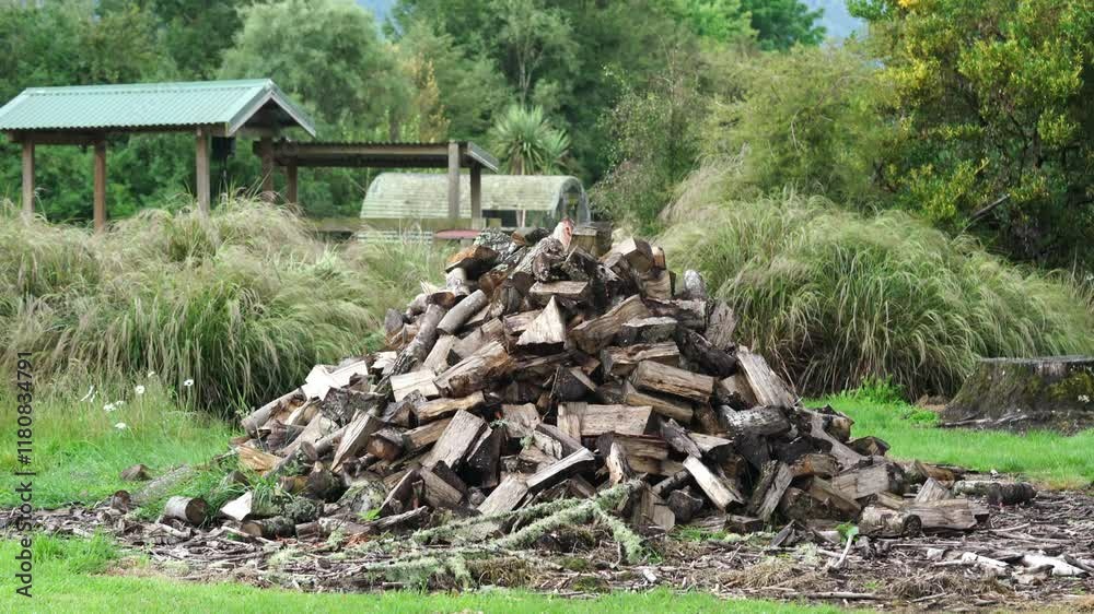 A Wood pile naturally situated in a stunning and serene landscape setting A Wood pile naturally situated in a stunning and serene landscape setting