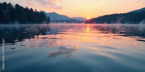 Gentle ripples disturb the otherwise glassy lake surface at dawn, lake, serenity, morning photo