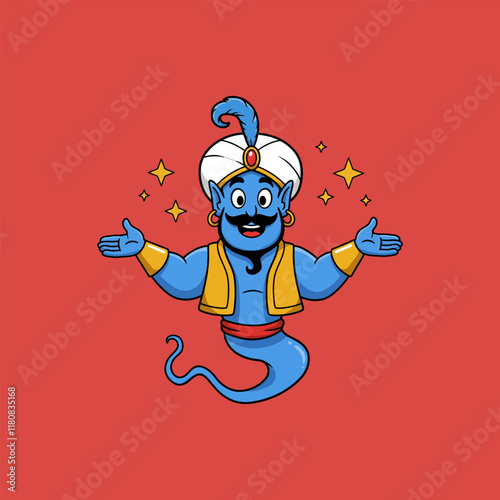 A friendly blue genie cartoon character cheerfully welcomes with open arms against a red background, surrounded by sparkling stars.