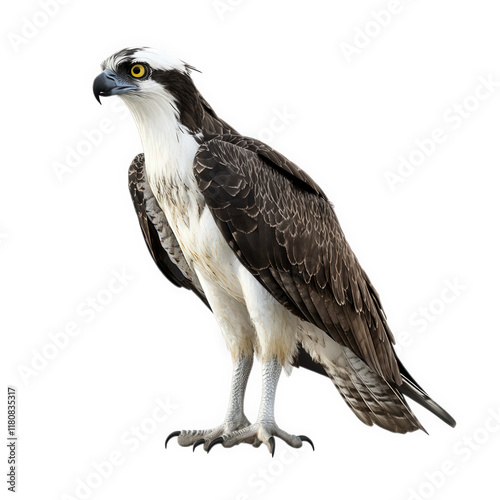 n osprey. a large bird of prey known for its distinctive white head and dark brown wings it stands on a neutral background. showcasing its sharp features and keen gaze. emphasizing its role as a skill