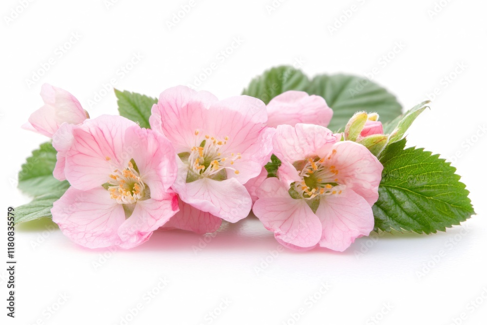 Delicate Pink Blossoms with Green Leaves on a White Background for Freshness Delicate Pink Blossoms with Green Leaves on a White Background for Freshness
