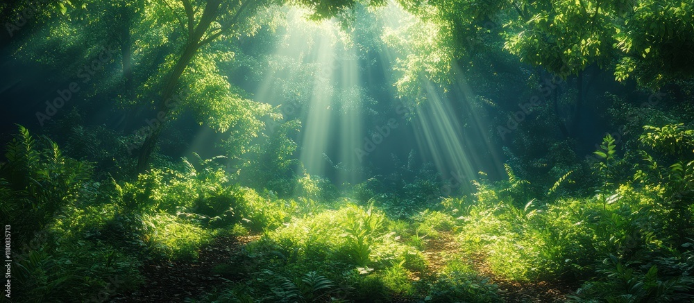 Fototapeta premium Sunbeams illuminating a lush green forest with dense foliage and a pathway leading into the woods.