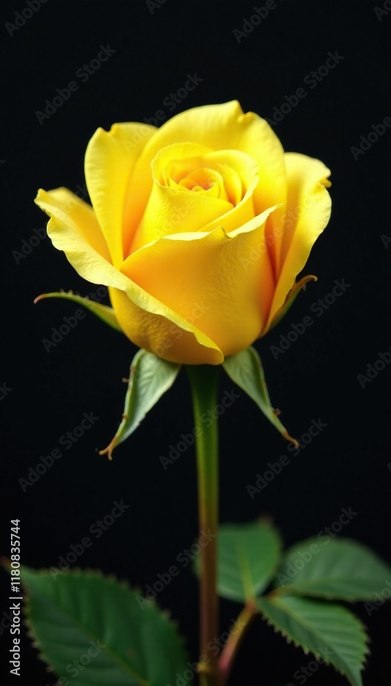 Fresh yellow rose petals unfolding from a tight bud on the rose stem, petals, flower, yellow Fresh yellow rose petals unfolding from a tight bud on the rose stem, petals, flower, yellow