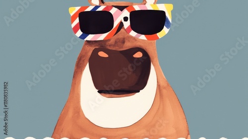 Whimsical of a Chunky Hippopotamus Donning Retro Inspired Patterned Sunglasses   Playful Abstract Doodle Art photo