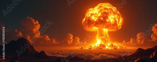 Atomic inferno unleashes a massive golden mushroom cloud into the air, apocalyptic scene, explosive power, destructive force