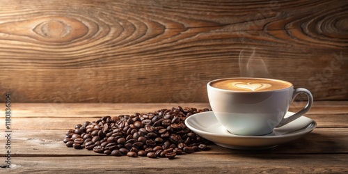 Aromatic Coffee Cup with Heart Design and Roasted Beans on Rustic Wood