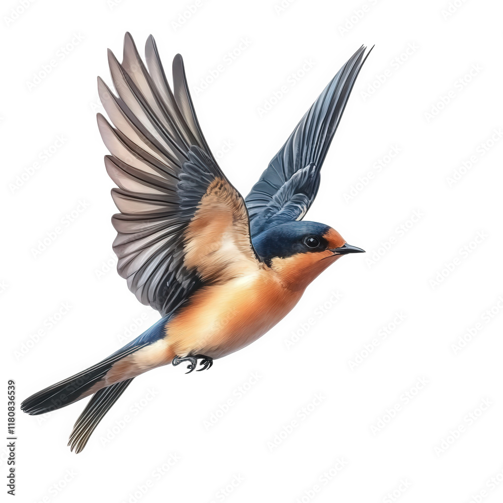 Fototapeta premium a beautifully illustrated bird in mid-flight. showcasing its vibrant plumage and intricate wing details against a plain white background this artwork emphasizes the elegance and grace of avian life. s