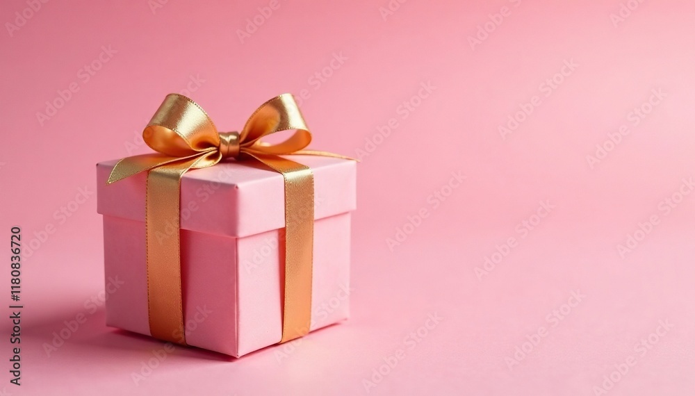 Delicate gift box with golden ribbon on soft pink background, bow, elegant, bokeh Delicate gift box with golden ribbon on soft pink background, bow, elegant, bokeh