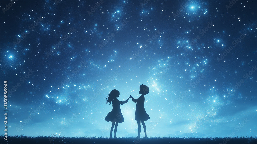 Under a Starry Sky: Two silhouettes of young girls, hand in hand, stand against a backdrop of a breathtaking, star-filled night sky. The image evokes a sense of togetherness, hope. Under a Starry Sky: Two silhouettes of young girls, hand in hand, stand against a backdrop of a breathtaking, star-filled night sky. The image evokes a sense of togetherness, hope.