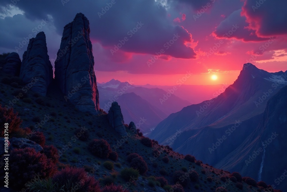 Naklejka premium Towering stone formations illuminated by warm luminescence, illuminated, natural