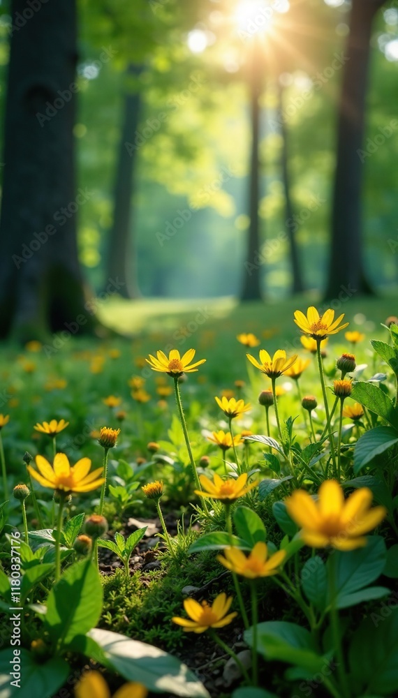 Obraz premium Yellow flowers scattered throughout the undergrowth of a forest clearing, forest clearing, sunlight
