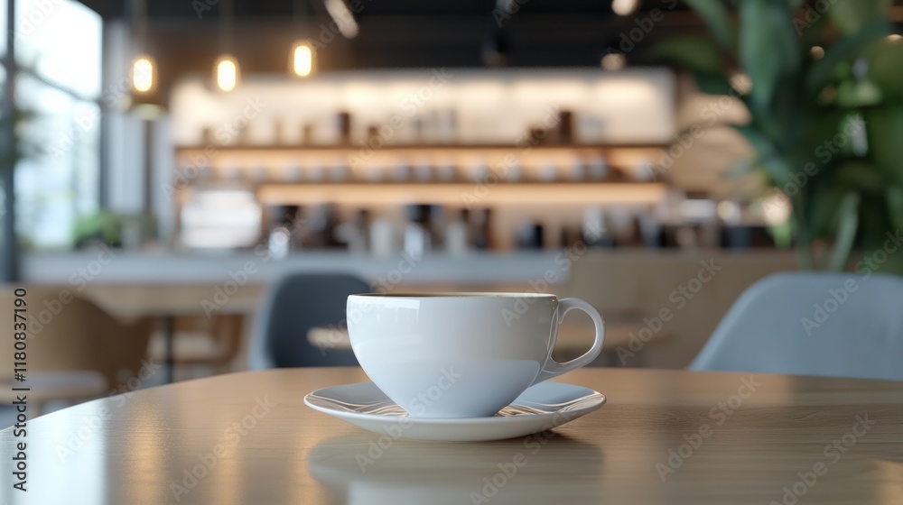 Front view of cup and laptop on table in office and background in the coffee shop Front view of cup and laptop on table in office and background in the coffee shop