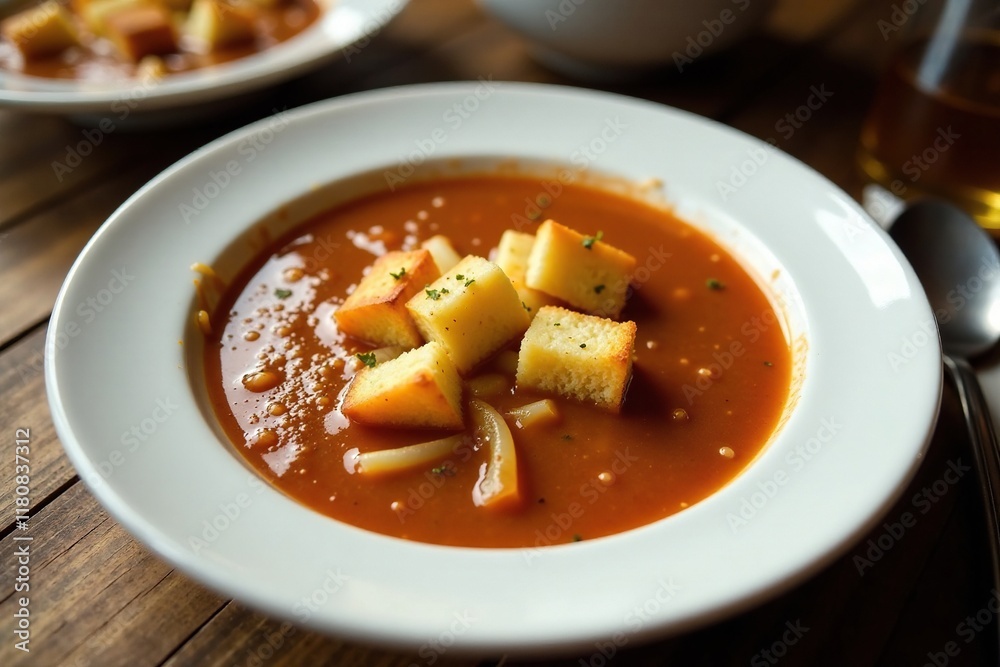 Classic French Onion Soup with Croutons and Melted Cheese on White Porcelain Plate, soup, textures, spicy Classic French Onion Soup with Croutons and Melted Cheese on White Porcelain Plate, soup, textures, spicy