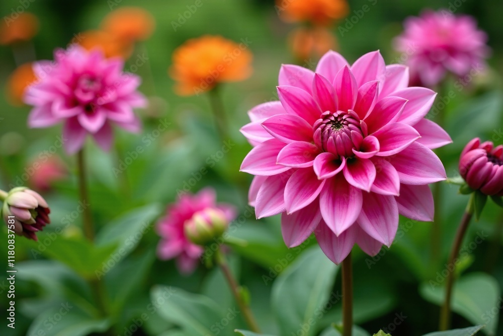 Fuchsia dahlia pinnata in a garden with other flowers, petals, garden Fuchsia dahlia pinnata in a garden with other flowers, petals, garden