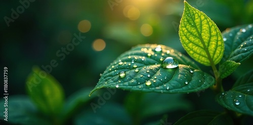 Sparkling dew drops on leaves shimmer in the night, shining, leaves